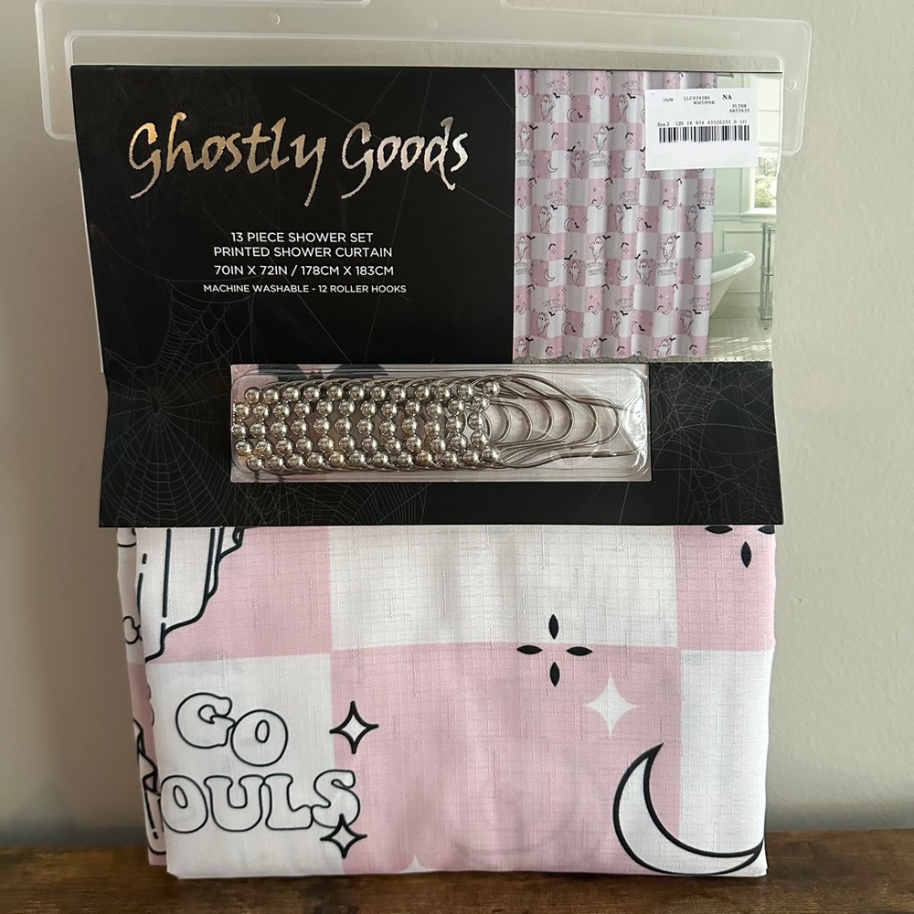 New Ghostly Goods Shower Curtain Hooks Pink White Ghouls Ghost Halloween Bath